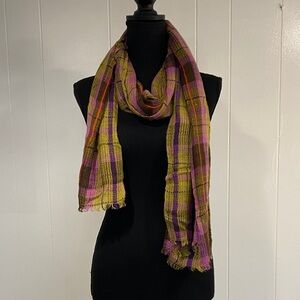 Lightweight Plaid Scarf | Pink Olive Purple Checkered | Fringe Trim | 70” Long